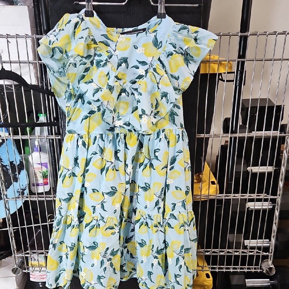 French Connection Lemon Print Kids Dress - Blue and Yellow